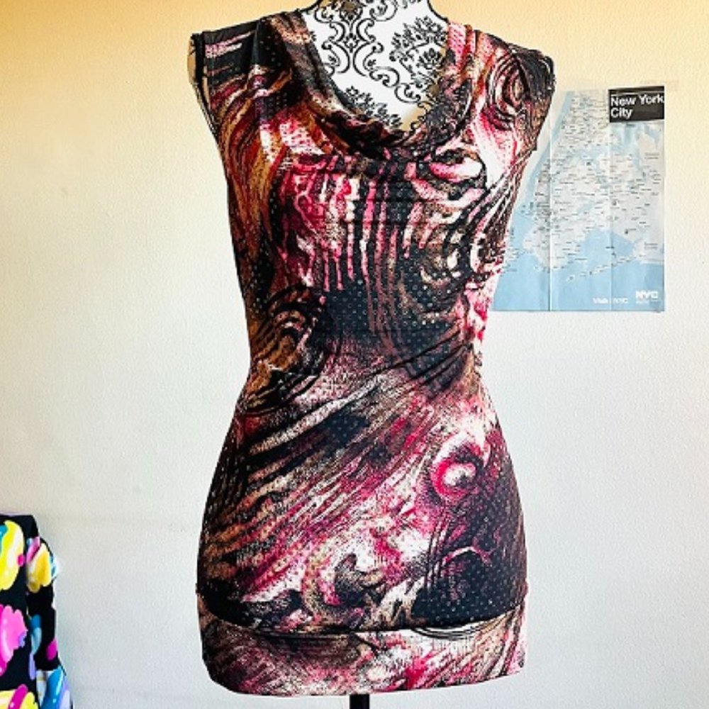 abstract pattern shimmery scoop neck dress shirt size S - Picture 1 of 6